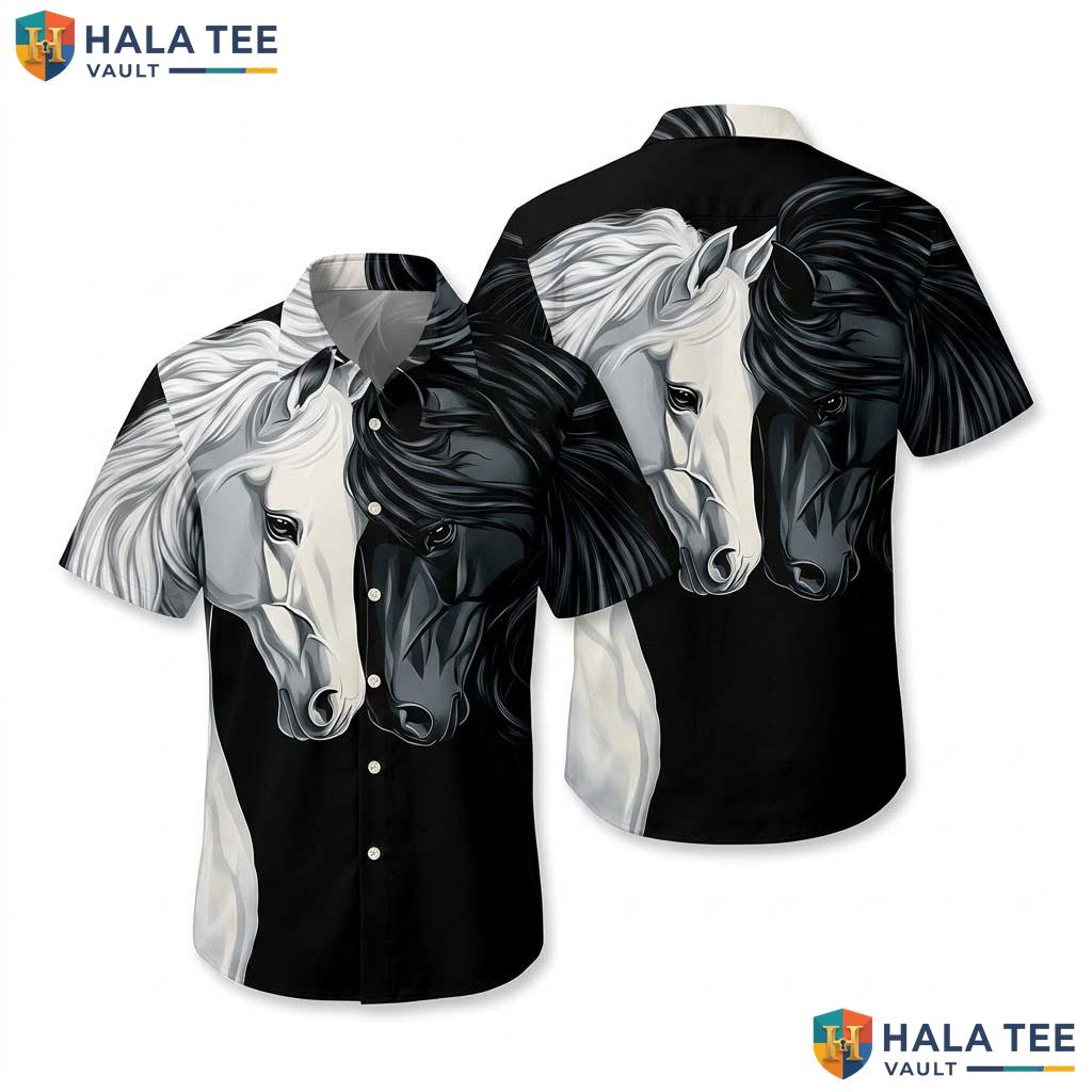 Cool Black White Horse Aloha Shirt Funky Short Sleeve Button Down Lover Top