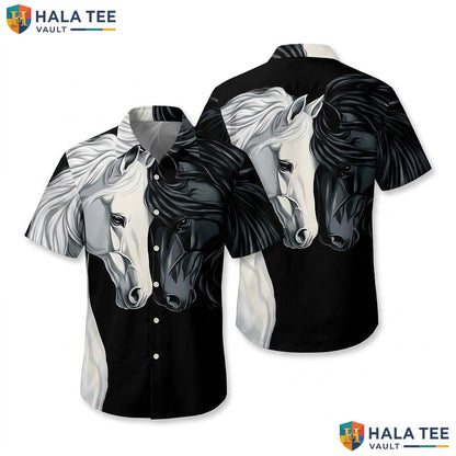 Cool Black White Horse Aloha Shirt Funky Short Sleeve Button Down Lover Top