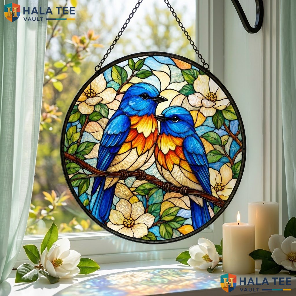 Cool Blue Birds Halloween Stained Glass Suncatcher Gothic Wall Room Ornament