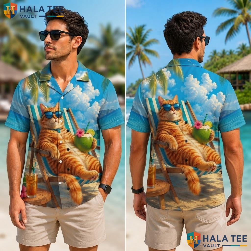Cool Cat Beach Hawaiian Shirt Vibrant Tropical Surf Relaxed Tabby Wear Adult