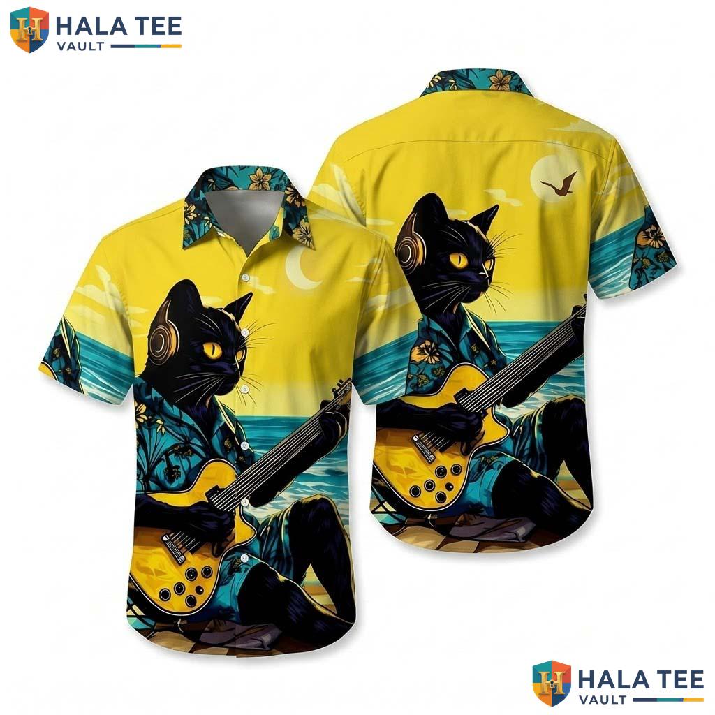 Cool Cat Guitarist Hawaiian Shirt Funny Music Note Print Casual Button Down