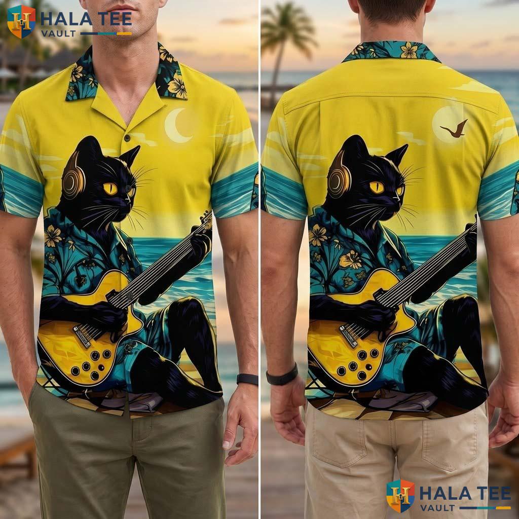 Cool Cat Guitarist Tropical Shirt Funny Music Note Print Casual Button Down