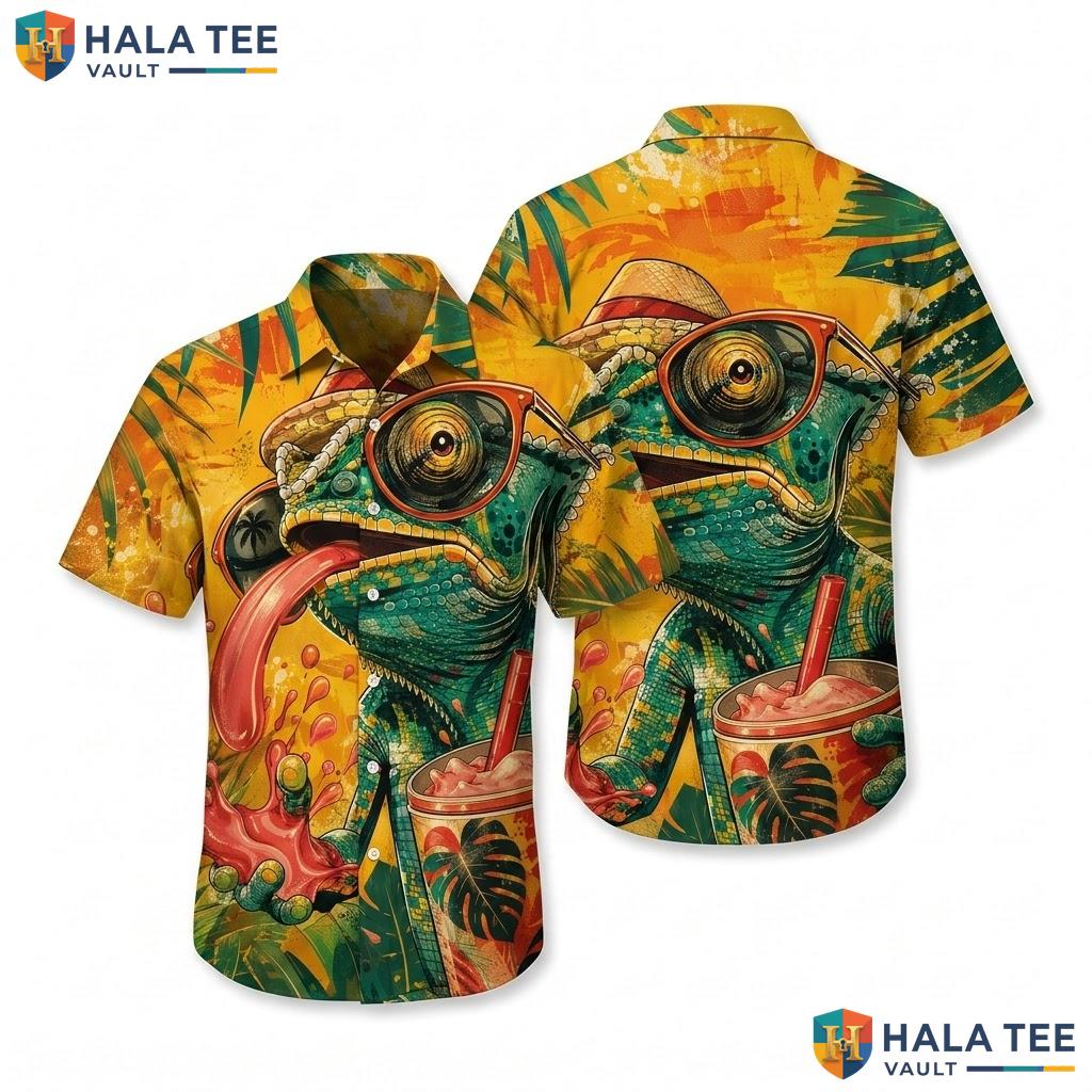 Cool Chameleon Tropical Hawaiian Shirt Vibrant Graphic Print Fun Summer Top