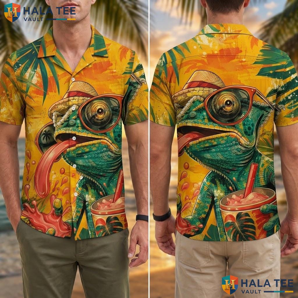 Cool Chameleon Tropical Hawaiian Shirt Vibrant Graphic Print Fun Summer Top Adult