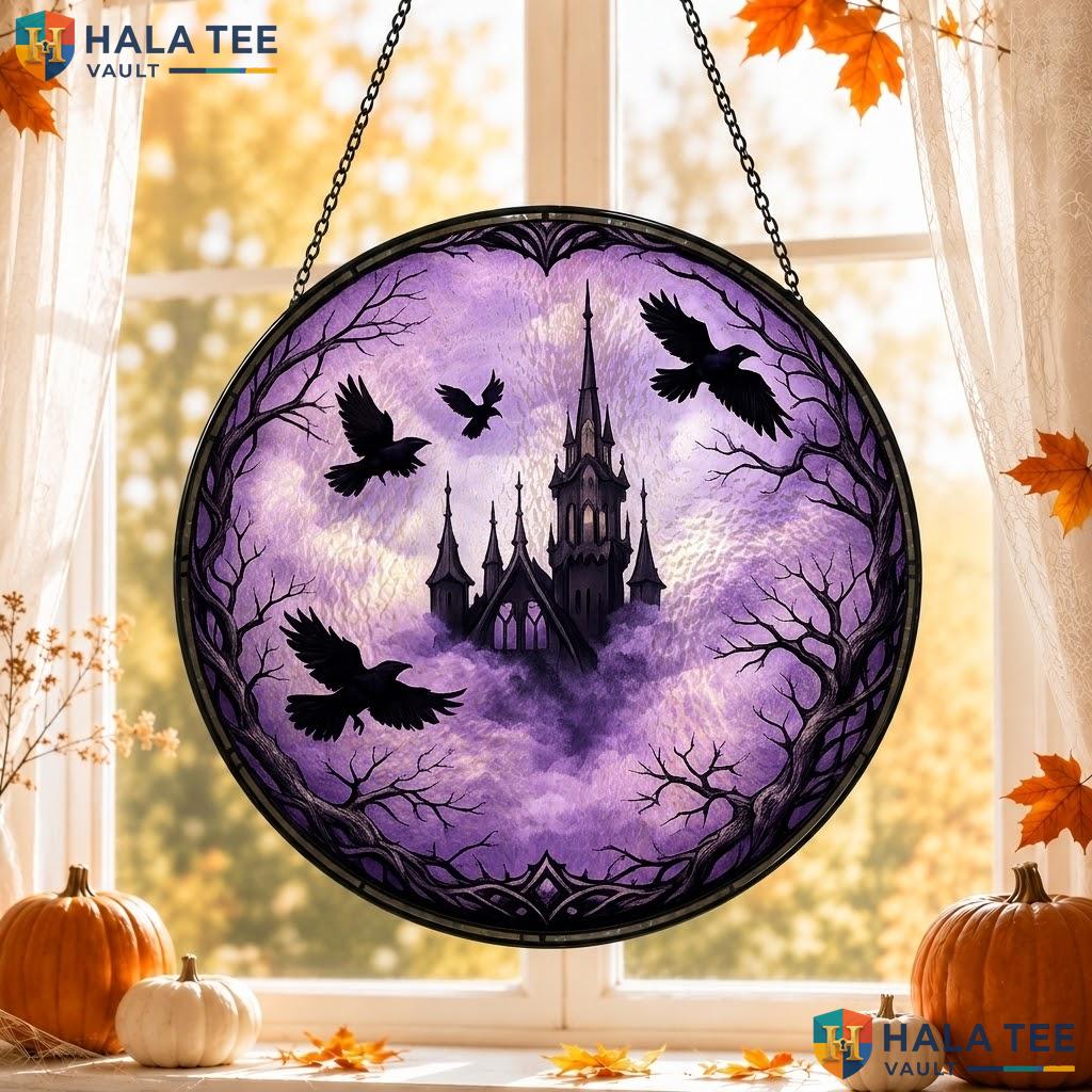 Cool Crow Stained Glass Suncatcher, Gothic Castle Decor For Halloween