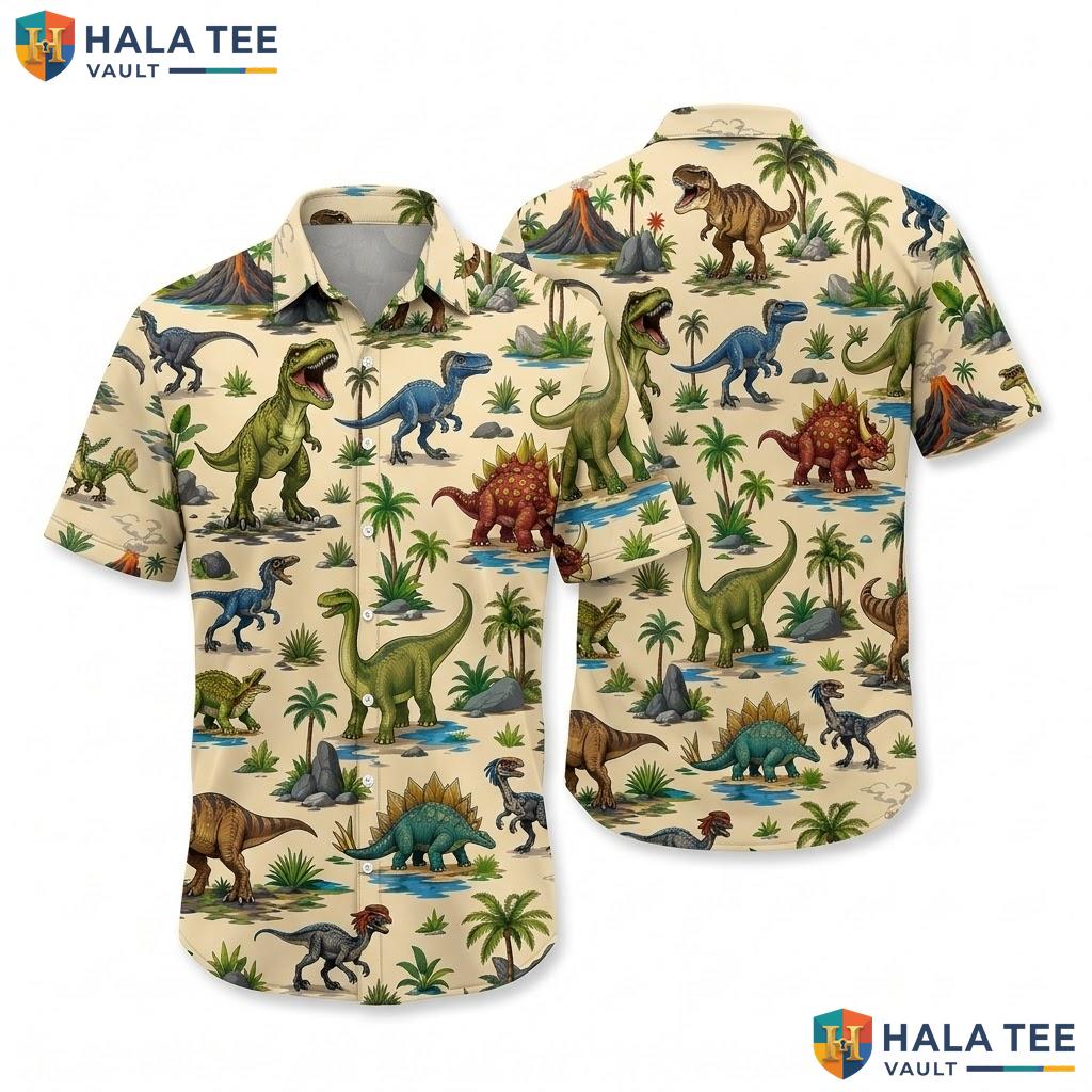 Cool Dinosaur Aloha Shirt Vibrant Tropical T Rex Palm Tree Button Down