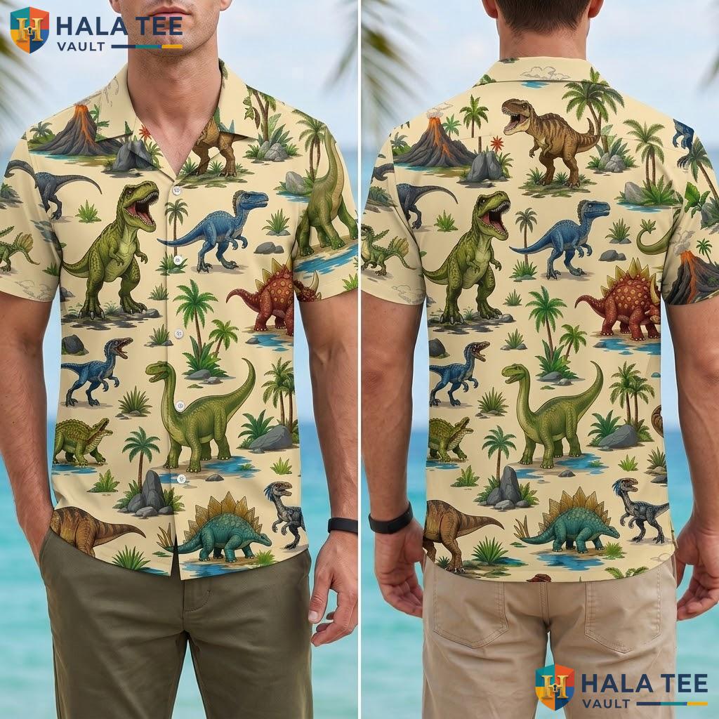 Cool Dinosaur Aloha Shirt Vibrant Tropical T Rex Palm Tree Button Down Adult