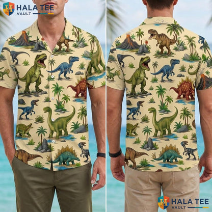 Cool Dinosaur Aloha Shirt Vibrant Tropical T Rex Palm Tree Button Down Adult