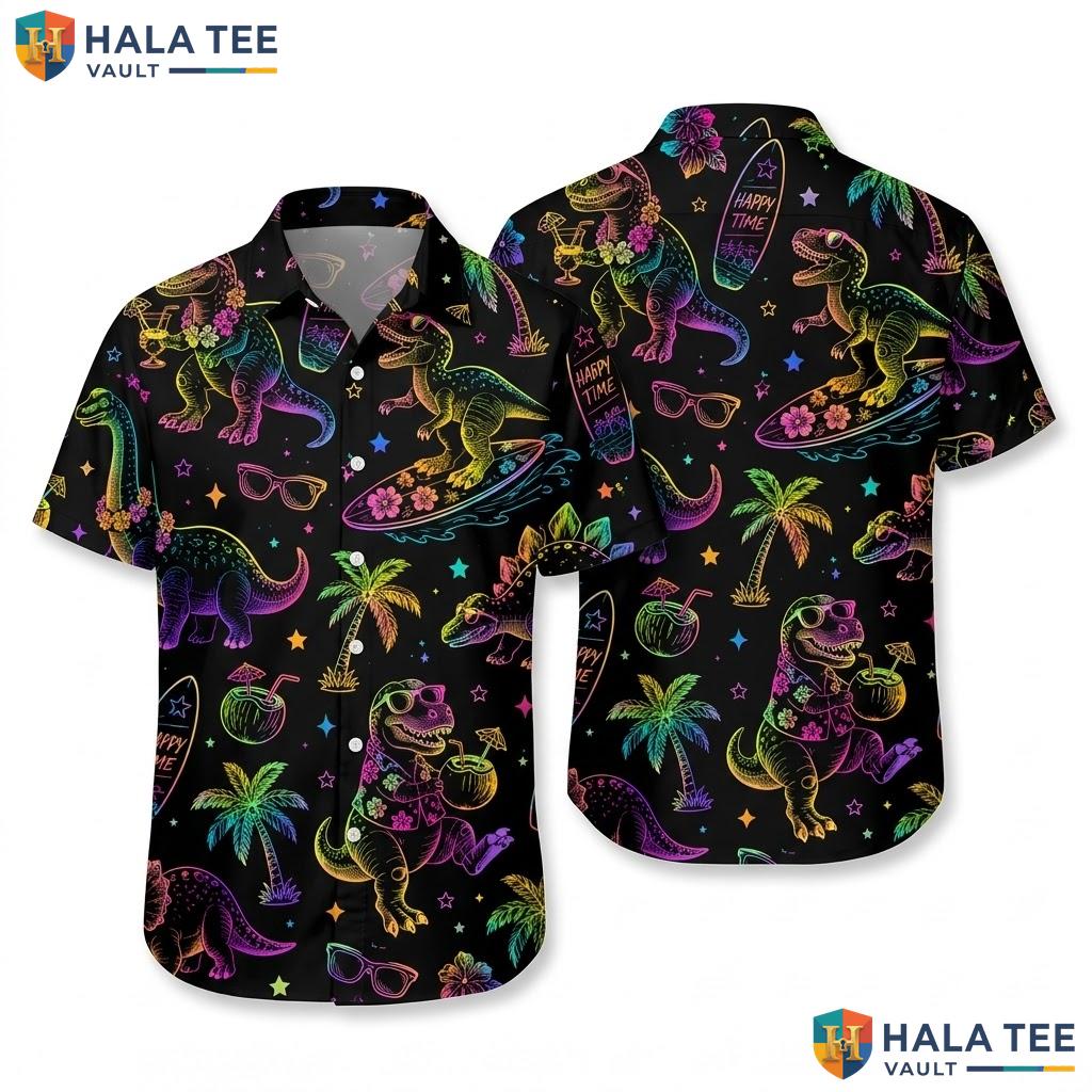 Cool Dinosaur Beach Hawaiian Shirt Neon T Rex Vibrant Tropical Print Top
