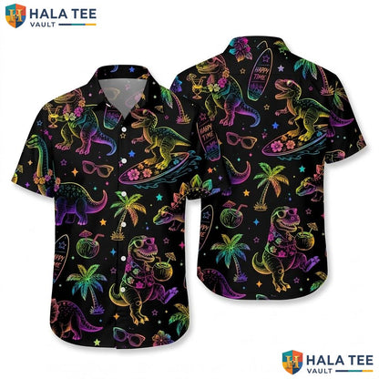 Cool Dinosaur Beach Hawaiian Shirt Neon T Rex Vibrant Tropical Print Top