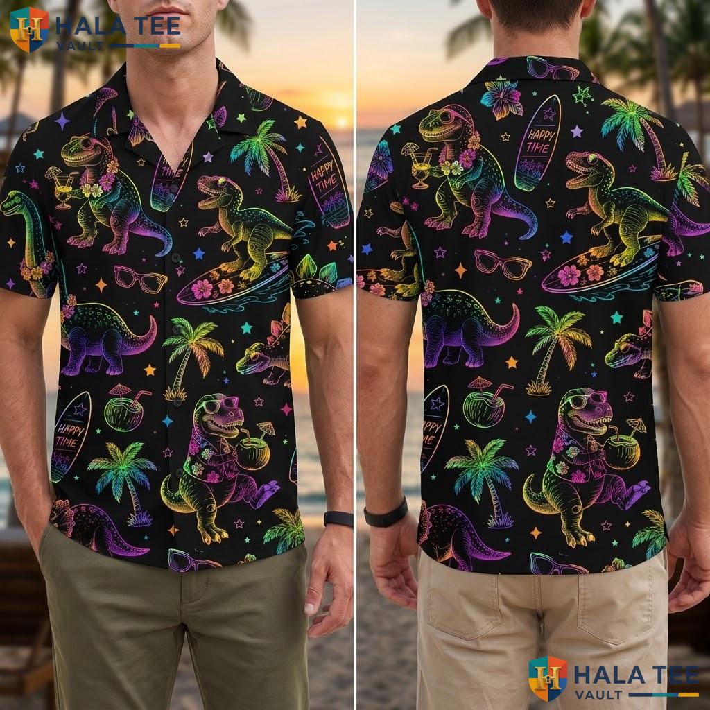 Cool Dinosaur Beach Hawaiian Shirt Neon T Rex Vibrant Tropical Print Top Adult