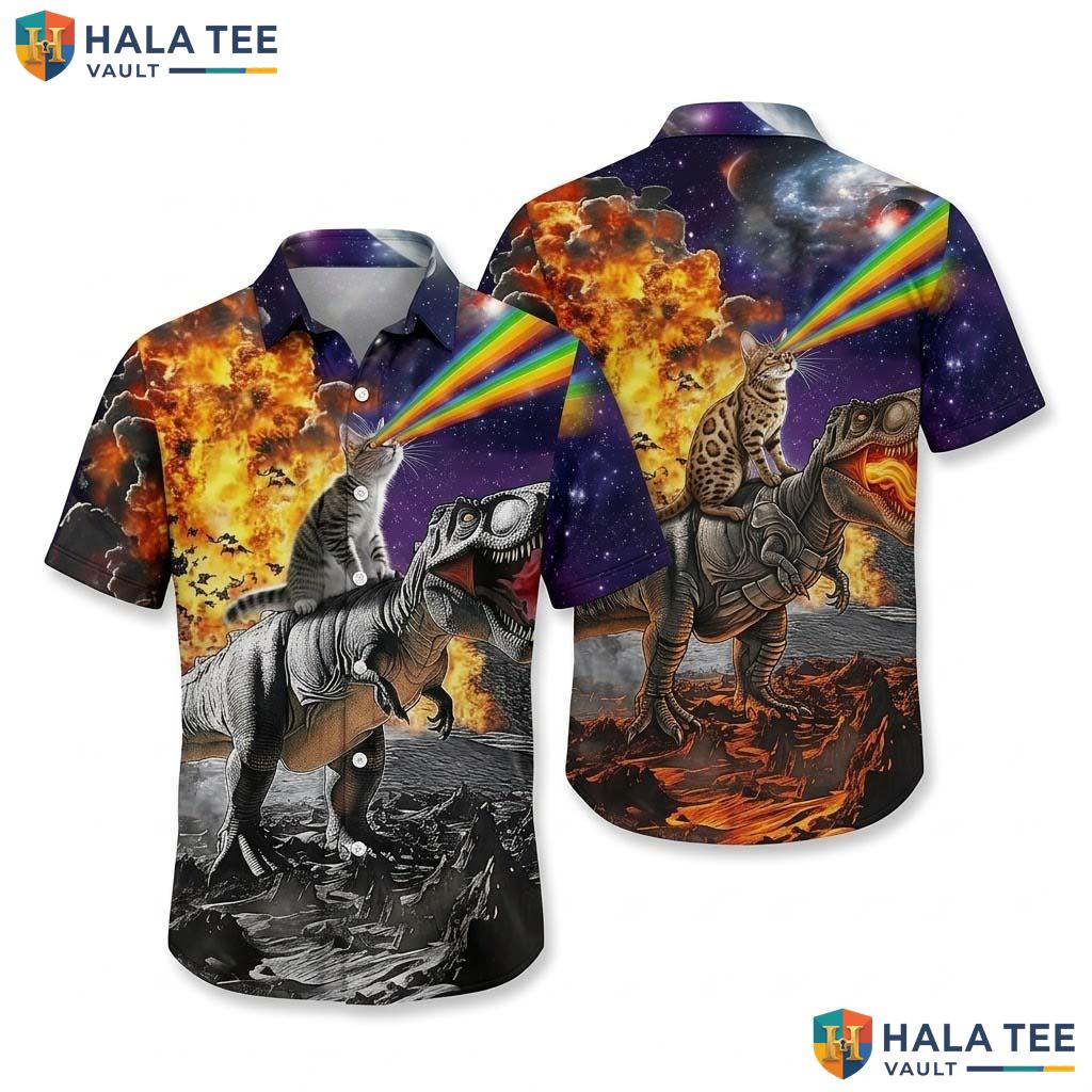 Cool Dinosaur Cat Hawaiian Shirt Vibrant Cosmic Quirky Humor Button Down Top