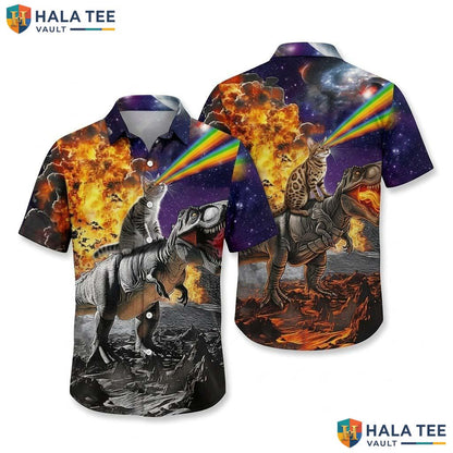 Cool Dinosaur Cat Hawaiian Shirt Vibrant Cosmic Quirky Humor Button Down Top