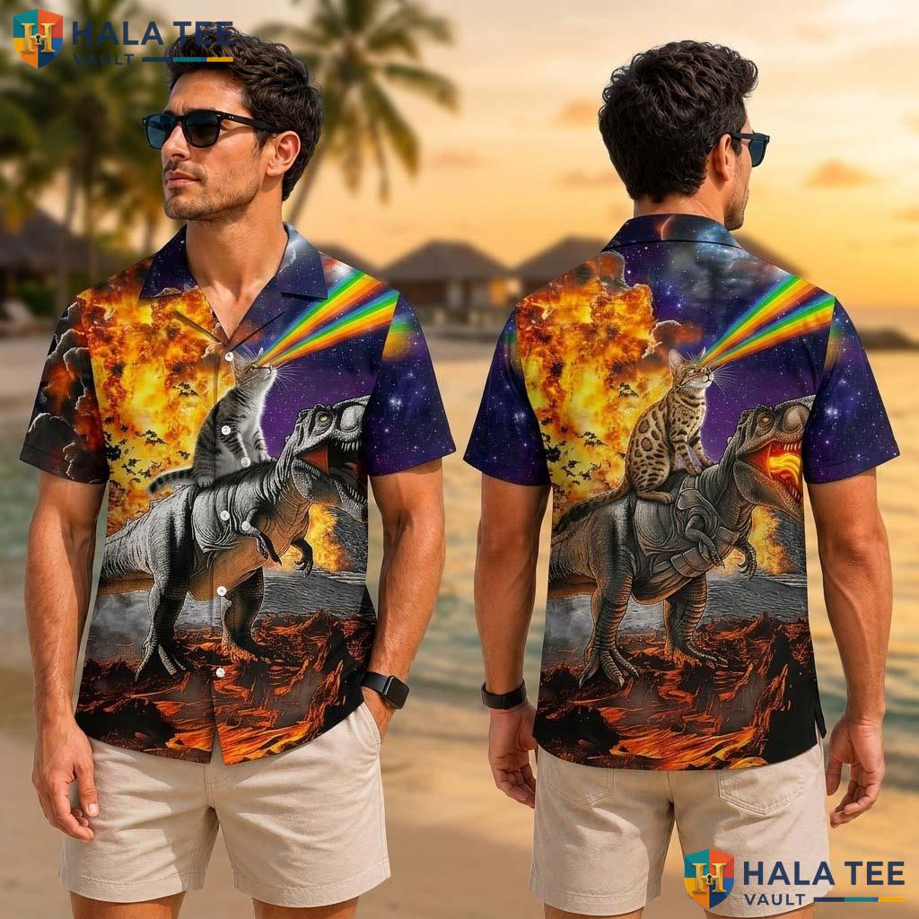 Cool Dinosaur Cat Tropical Shirt Vibrant Cosmic Quirky Humor Button Down Top