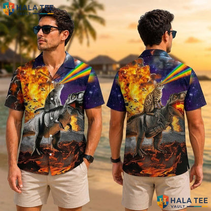 Cool Dinosaur Cat Tropical Shirt Vibrant Cosmic Quirky Humor Button Down Top