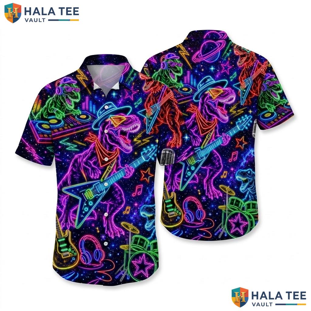 Cool Dinosaur Guitar Hawaiian Shirt Vibrant Neon Summer Button Down Party