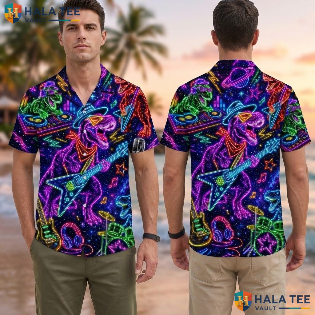 Cool Dinosaur Guitar Hawaiian Shirt Vibrant Neon Summer Button Down Party Adult