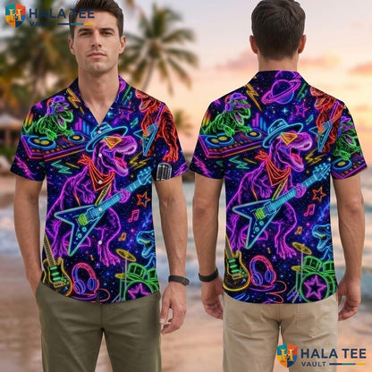 Cool Dinosaur Guitar Hawaiian Shirt Vibrant Neon Summer Button Down Party Adult