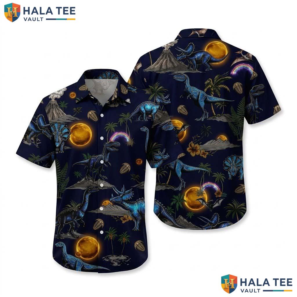 Cool Dinosaur Hawaiian Shirt Vibrant Tropical Blue Palm Tree Button Down Top
