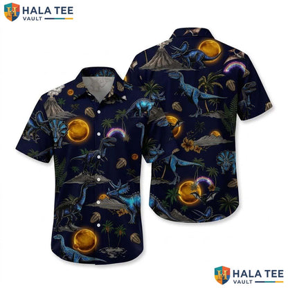 Cool Dinosaur Hawaiian Shirt Vibrant Tropical Blue Palm Tree Button Down Top