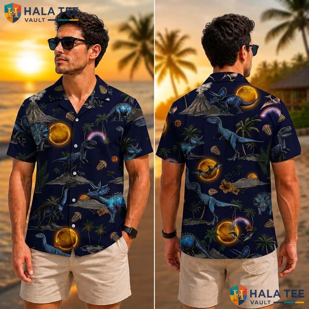 Cool Dinosaur Tropical Shirt Vibrant Tropical Blue Palm Tree Button Down Top