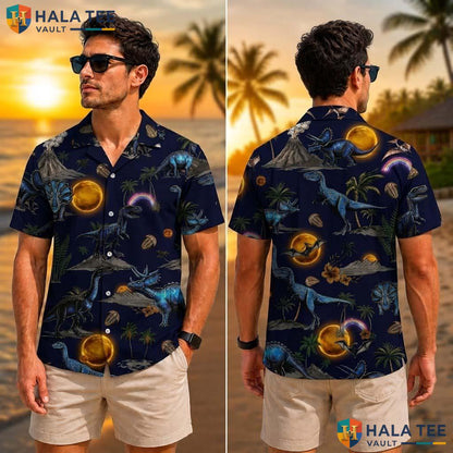 Cool Dinosaur Tropical Shirt Vibrant Tropical Blue Palm Tree Button Down Top