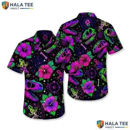 Cool Dinosaur Skull Aloha Shirt Vibrant Tropical T Rex Casual Summer Top
