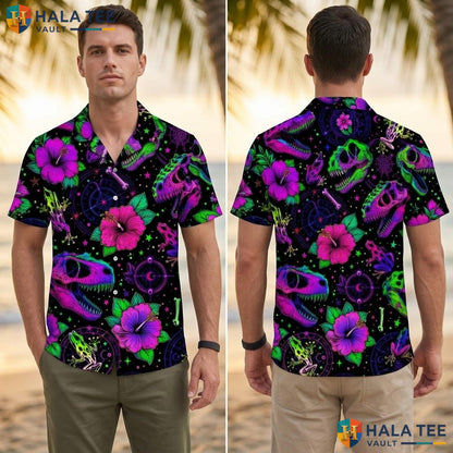 Cool Dinosaur Skull Aloha Shirt Vibrant Tropical T Rex Casual Summer Top Adult