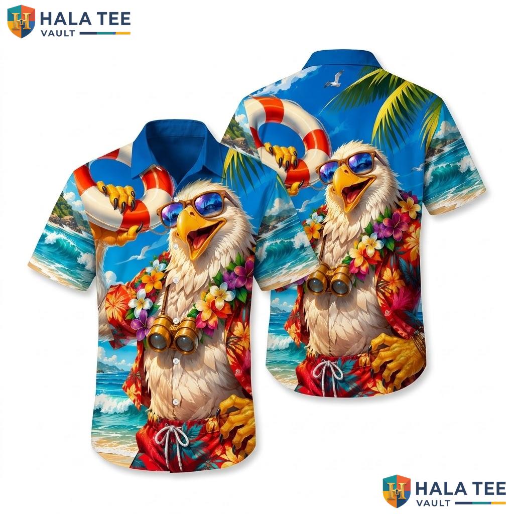 Cool Eagle Vacation Hawaiian Shirt Funny Tropical Beach Button Down Top