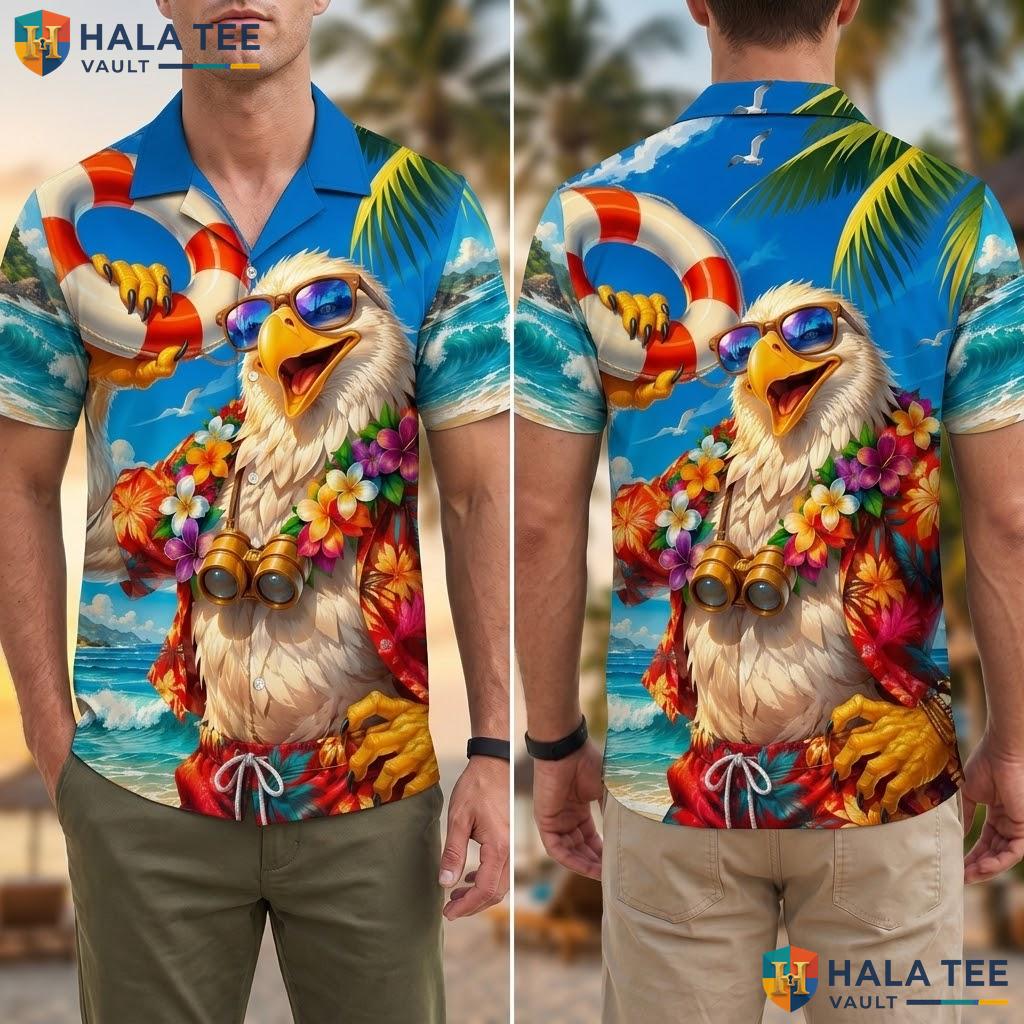 Cool Eagle Vacation Hawaiian Shirt Funny Tropical Beach Button Down Top Adult