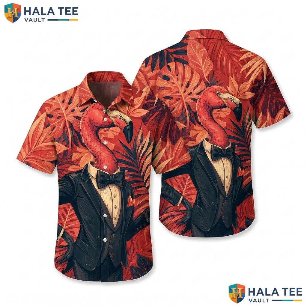 Cool Flamingo Tuxedo Hawaiian Shirt Vibrant Tropical Graphic Beach Apparel