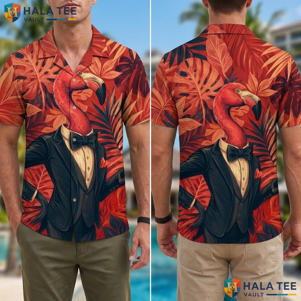 Cool Flamingo Tuxedo Hawaiian Shirt Vibrant Tropical Graphic Beach Apparel Adult