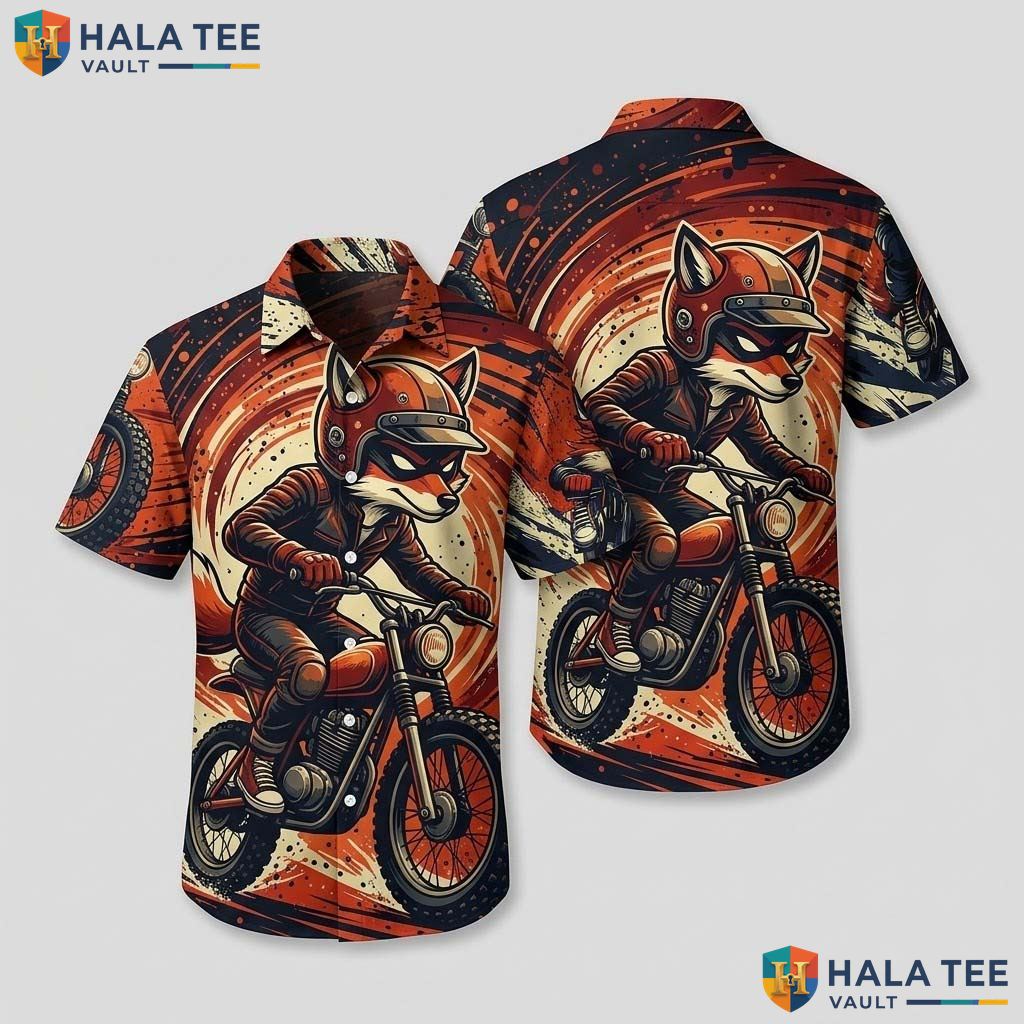 Cool Fox Motorcycle Hawaiian Shirt Vibrant Cartoon Biker Summer Beachwear