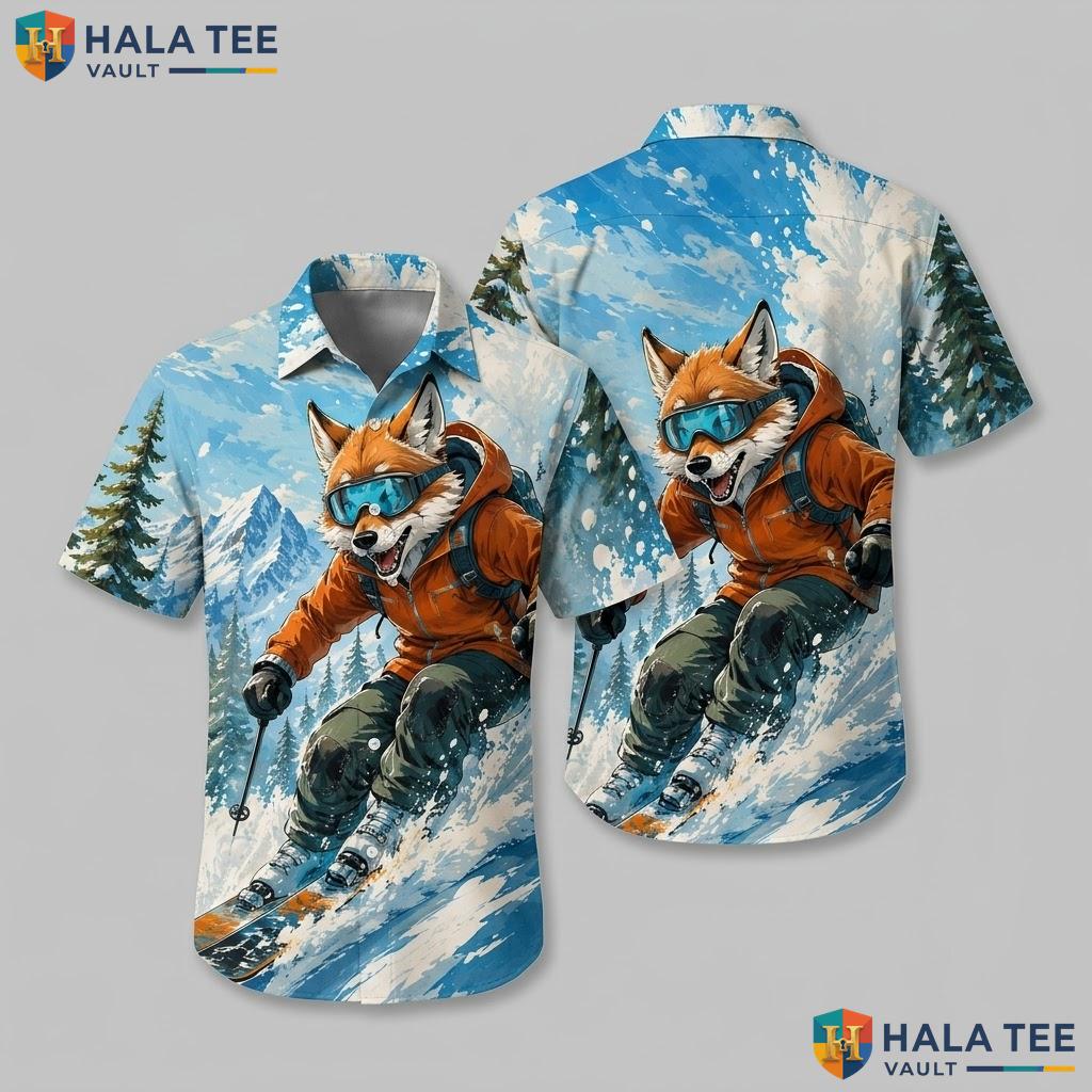 Cool Fox Skiing Hawaiian Shirt Bold Graphic Print Short Sleeve Vacation
