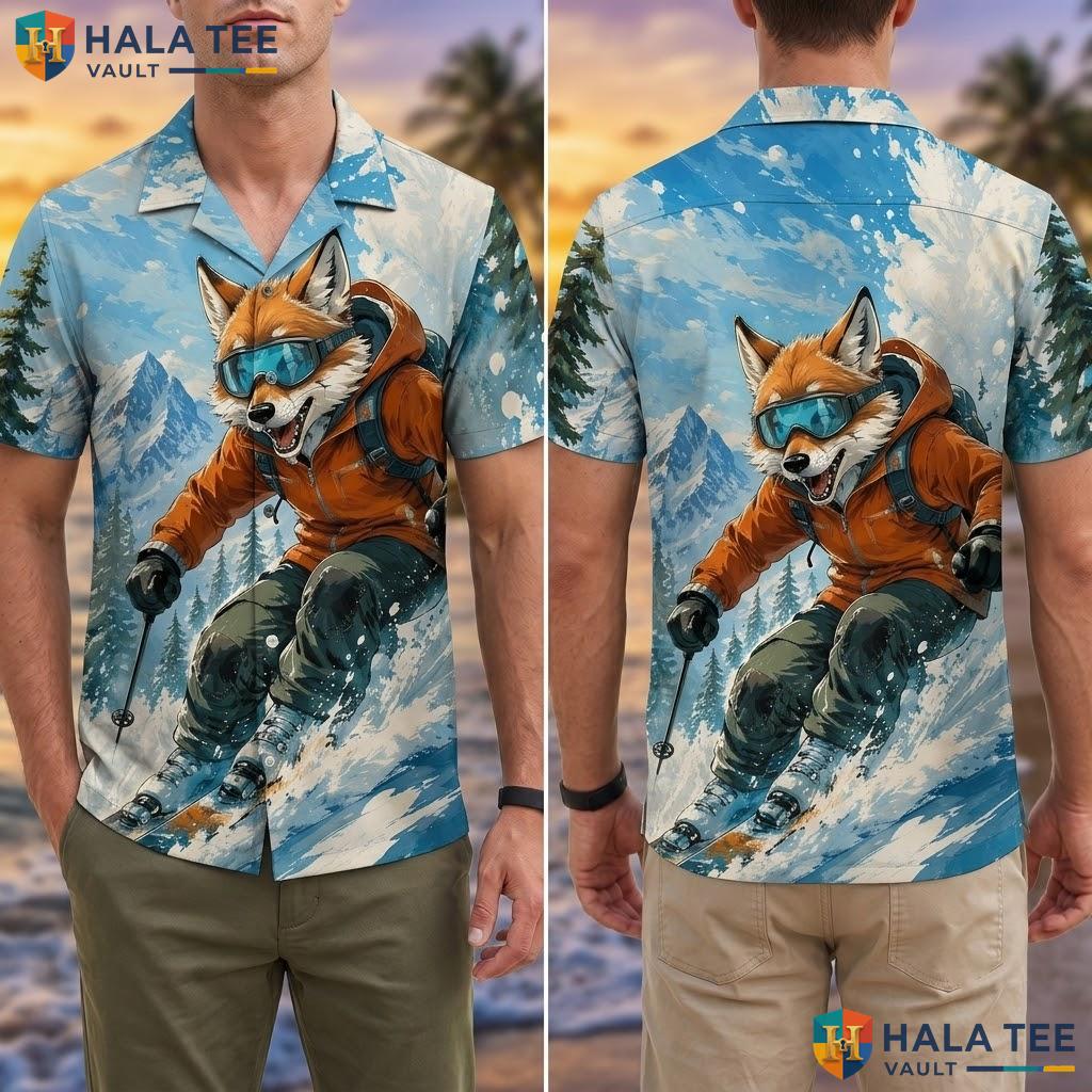 Cool Fox Skiing Hawaiian Shirt Bold Graphic Print Short Sleeve Vacation Adult