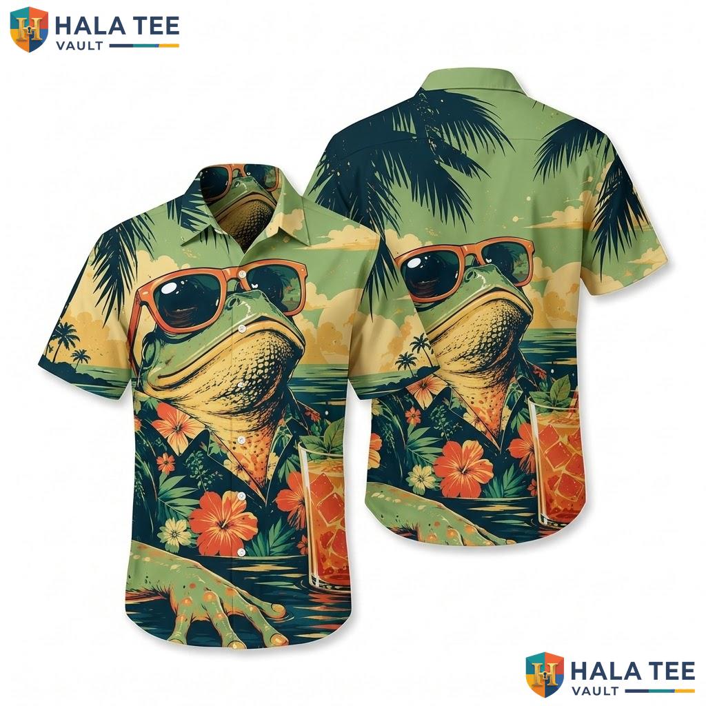 Cool Frog Tropical Hawaiian Shirt Vibrant Graphic Print Short Sleeve Beach