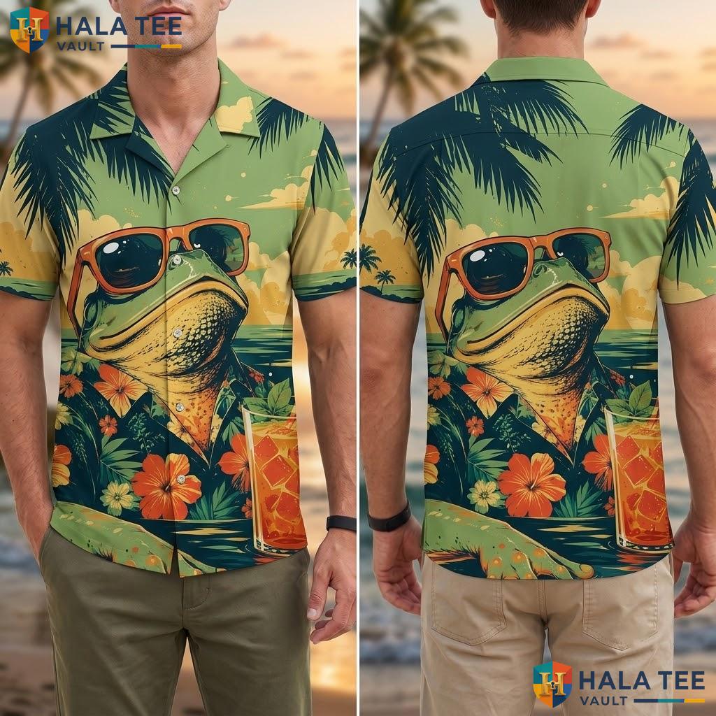Cool Frog Tropical Hawaiian Shirt Vibrant Graphic Print Short Sleeve Beach Adult