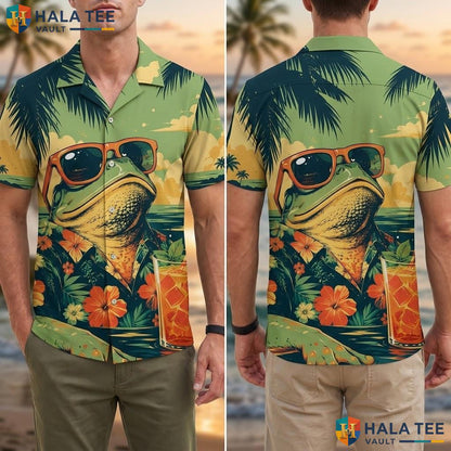Cool Frog Tropical Hawaiian Shirt Vibrant Graphic Print Short Sleeve Beach Adult
