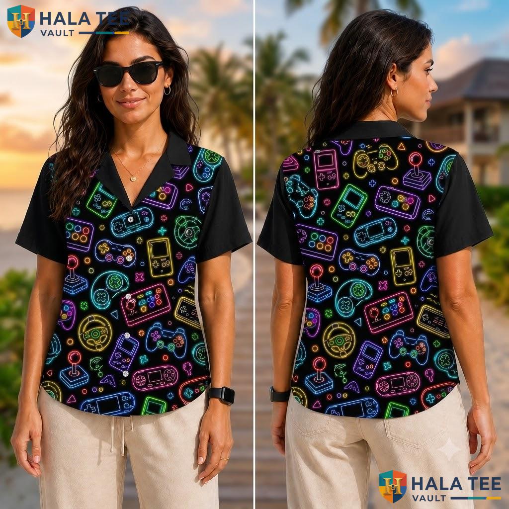 Cool Gaming Neon Hawaiian Shirt Vibrant Tropical Surf Design Gamer Wear Adult