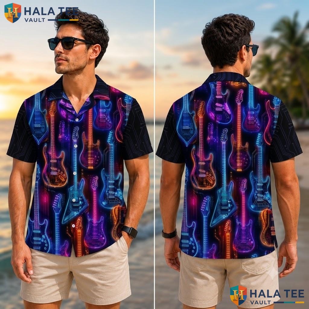 Cool Guitar Lover Hawaiian Shirt Vibrant Electric Music Fan Button Down Adult