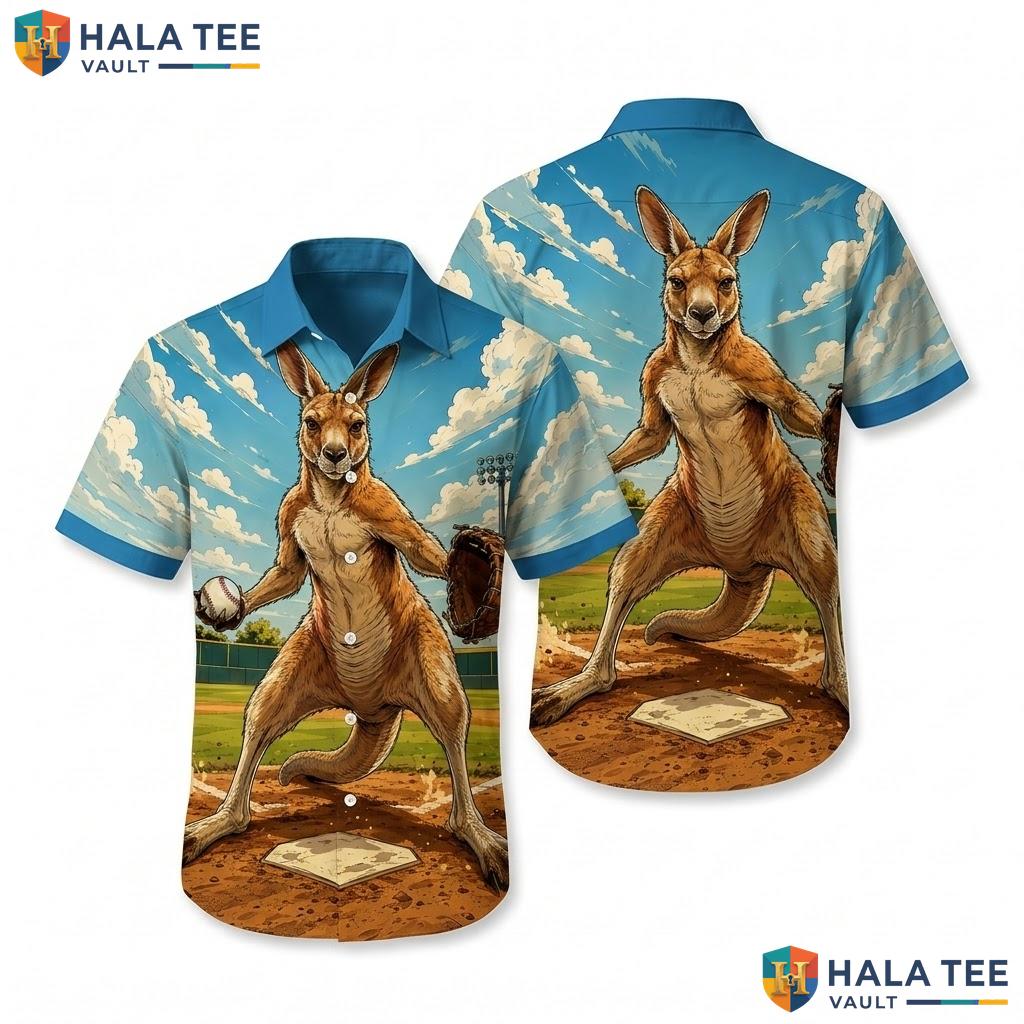 Cool Kangaroo Baseball Hawaiian Shirt Funny Graphic Vacation Button Down Top