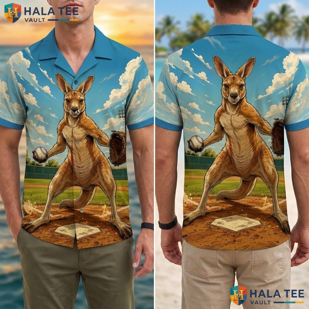 Cool Kangaroo Baseball Hawaiian Shirt Funny Graphic Vacation Button Down Top Adult