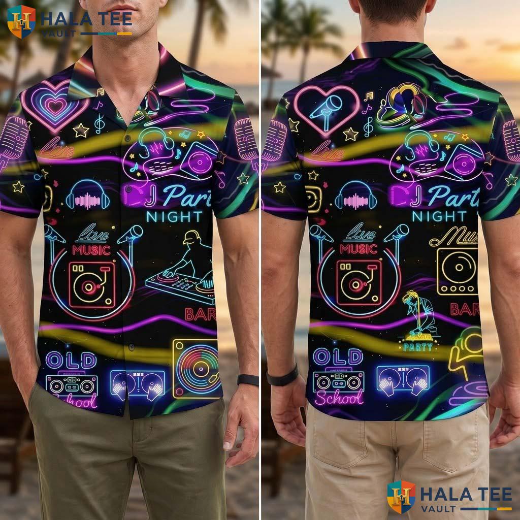 Cool Music Festival Tropical Shirt Vibrant Music Note Print Button Down Top