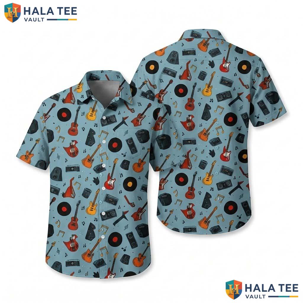 Cool Musical Hawaiian Shirt Vibrant Print Guitar Vinyl Record Summer Casual