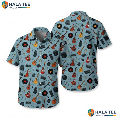 Cool Musical Hawaiian Shirt Vibrant Print Guitar Vinyl Record Summer Casual