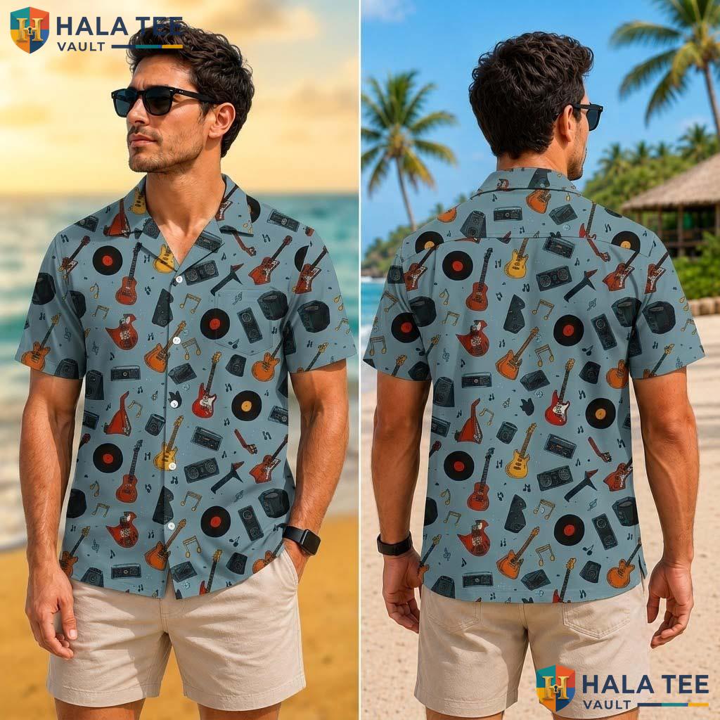 Cool Musical Tropical Shirt Vibrant Print Guitar Vinyl Record Summer Casual