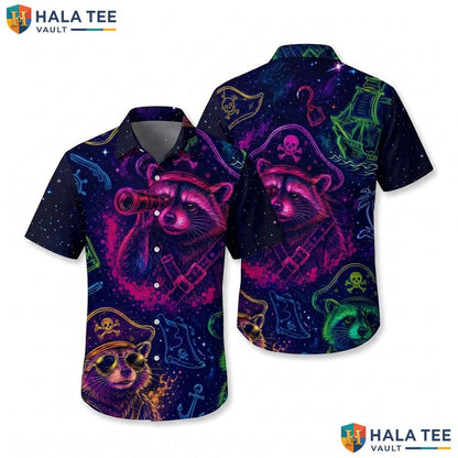 Cool Neon Raccoon Aloha Shirt Vibrant Pirate Graphic Beach Party Apparel