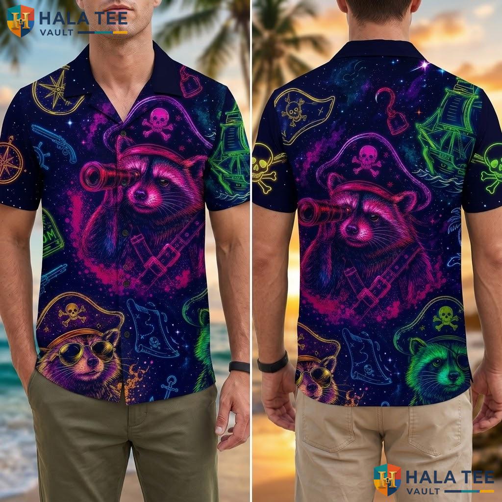 Cool Neon Raccoon Aloha Shirt Vibrant Pirate Graphic Beach Party Apparel Adult