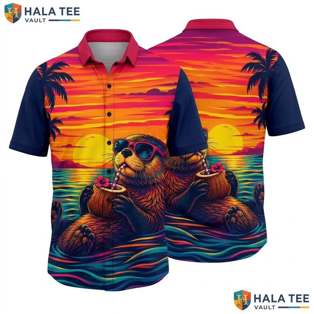 Cool Otter Beach Hawaiian Shirt Mens Funny Tropical Bold Graphic Print Top
