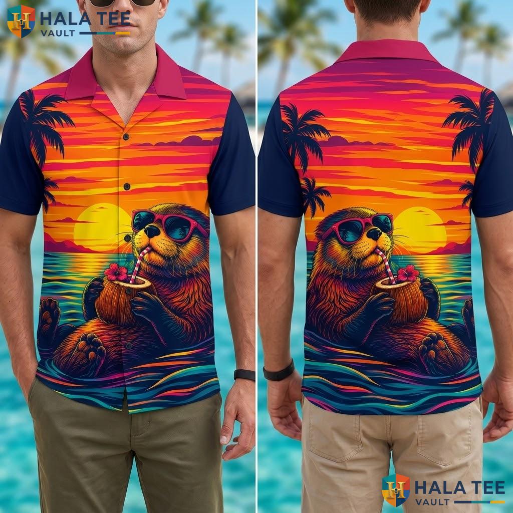 Cool Otter Beach Hawaiian Shirt Mens Funny Tropical Bold Graphic Print Top Adult